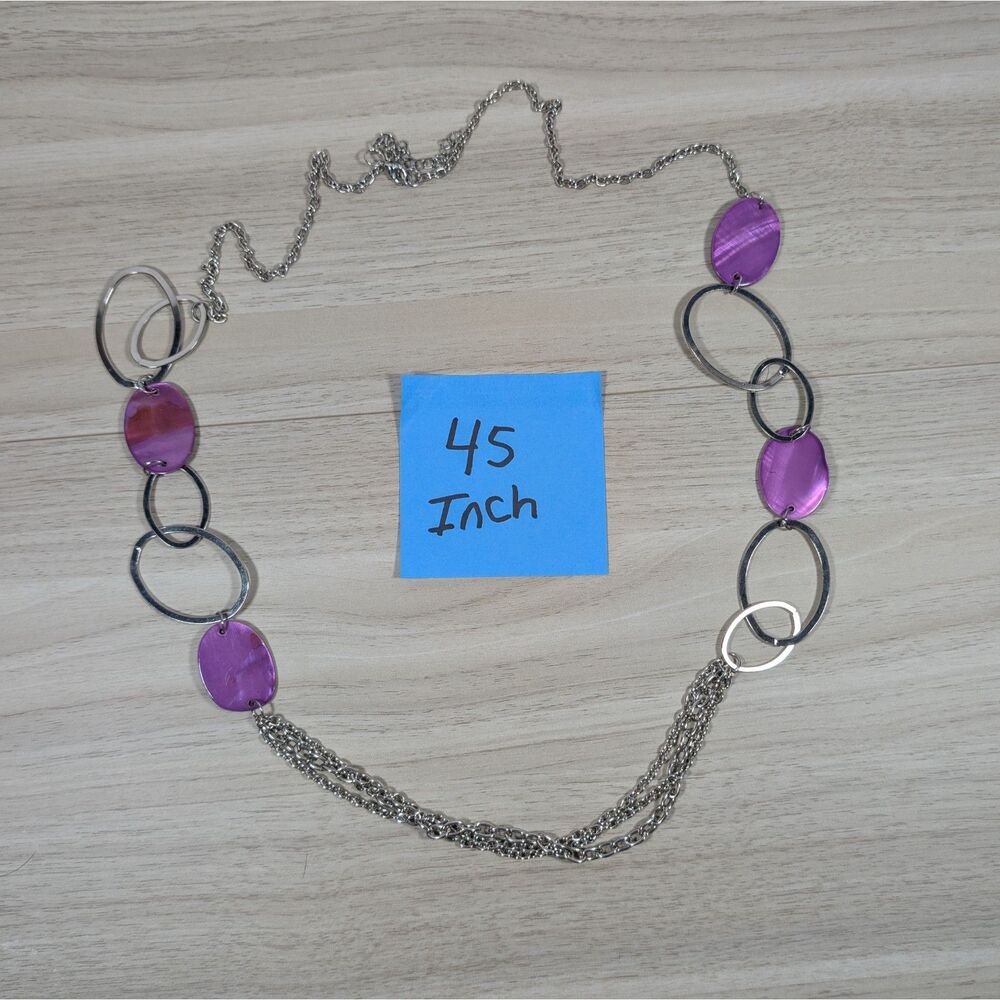 45" Purple Shell Disc Necklace Silver Tone Chain Statement Jewelry